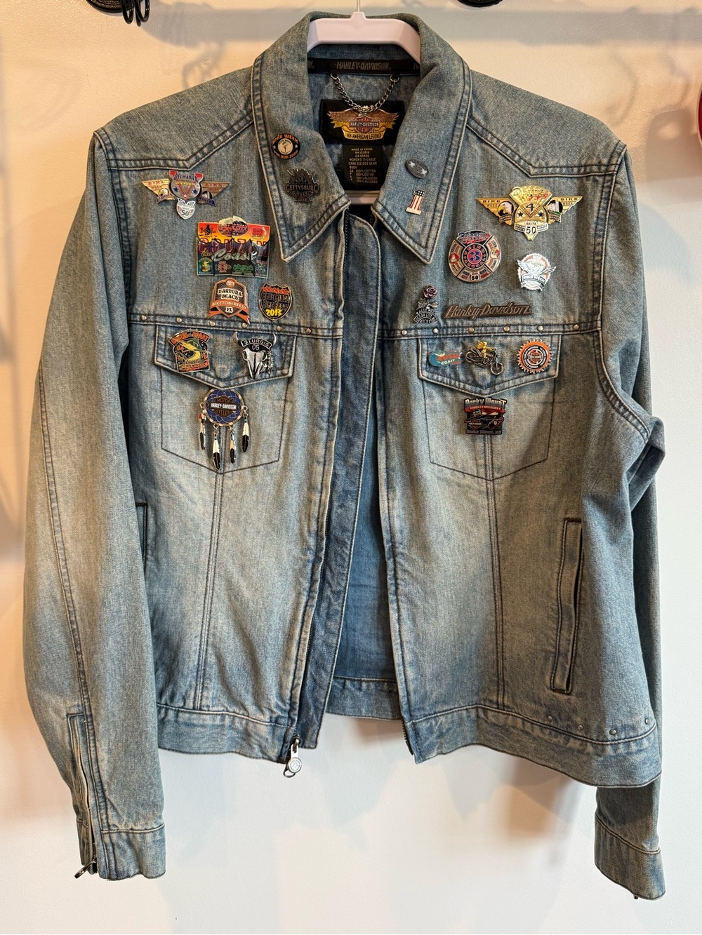 Harley-Davidson Women's Light Wash Denim Jacket with Pins - Light Blue